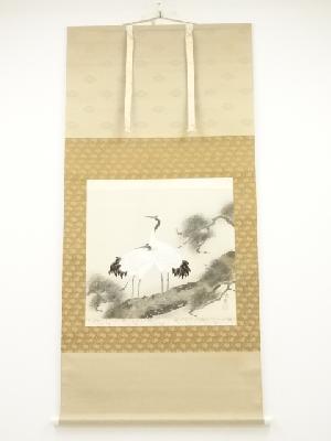 小川尚堂筆　松上双鶴　肉筆絹本掛軸（共箱）